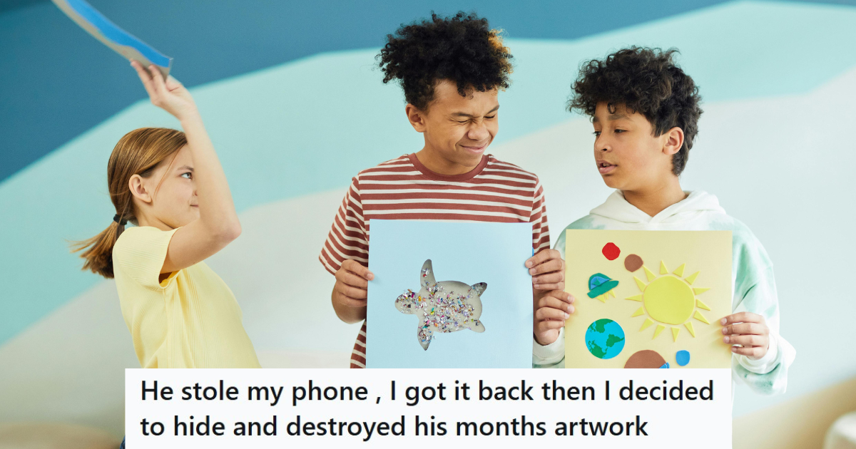 Three kids showing their artwork