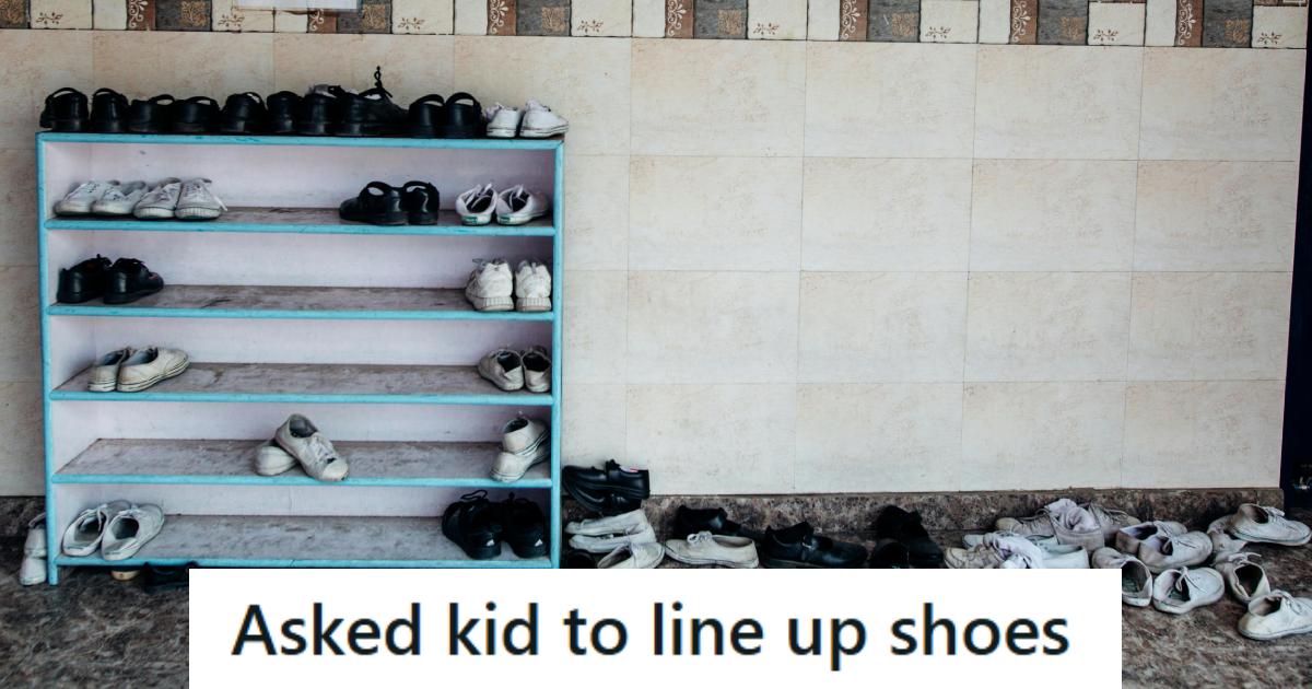 Shoes in disarray on the floor next to a near-empty shelf