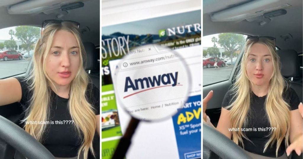 Amway logo with blond in car