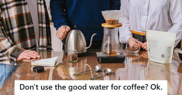 Three people standing around a coffee pot getting ready to drink