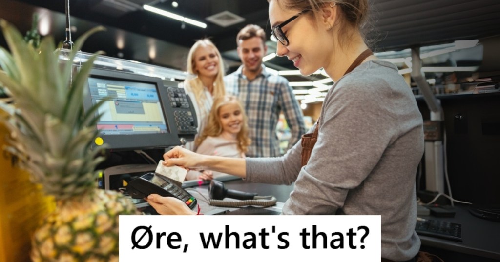 Female cashier helping family