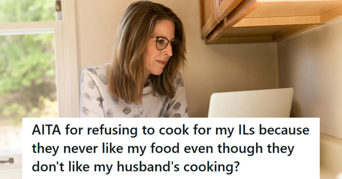Woman searching the web in the kitchen to avoid cooking
