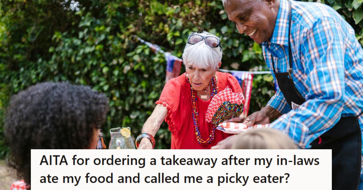 Husband and wife handing out food at a family BBQ