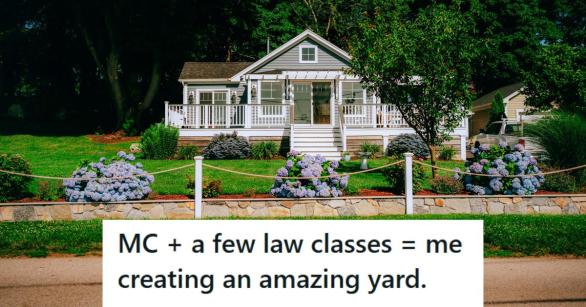 Small gray house with a pretty yard in bloom