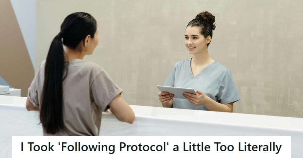 Hospital nurse checking a woman's paperwork per protocol