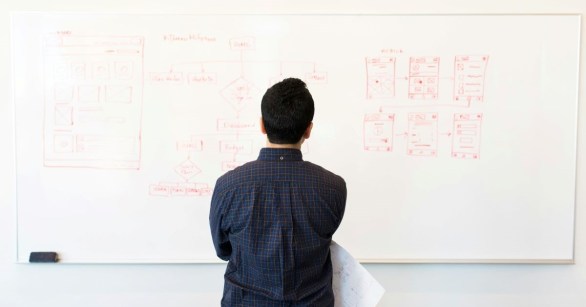 A man solving a complex problem on a whiteboard
