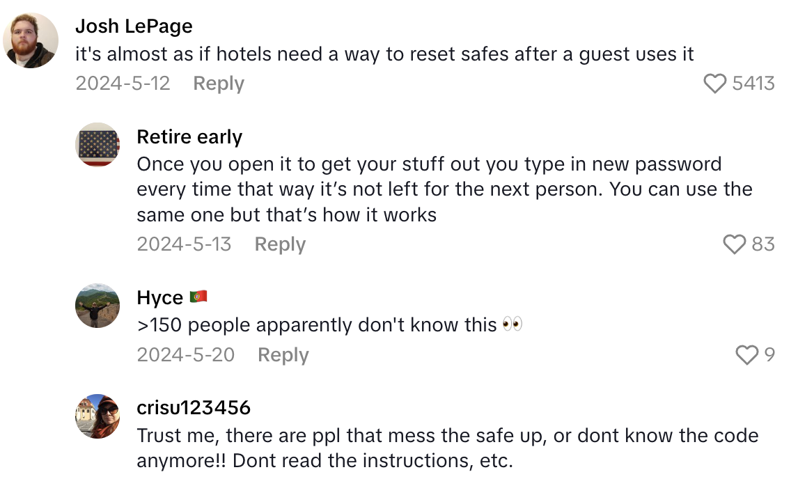 Screenshot 2025 07 06 at 6.52.32%E2%80%AFPM A Traveler Said People Shouldnt Trust Hotel Safes.   If anybody comes in and hits the lock button twice.
