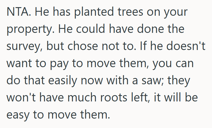 Screenshot 2025 07 21 143628 Man Had Trees Planted Near The Property Line, But When The Neighbors Had A Survey Done, They Told Him To Move Them All