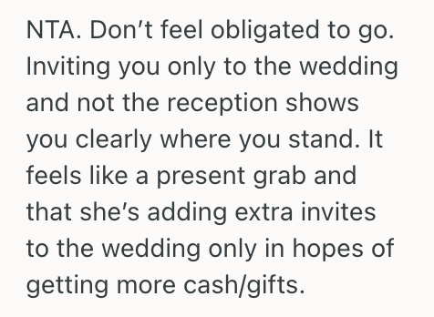 Screenshot 2025 07 24 at 5.34.07 PM Woman Was Invited To The Wedding Ceremony But Not The Reception, So Now She Doesnt Want To Go To The Wedding At All