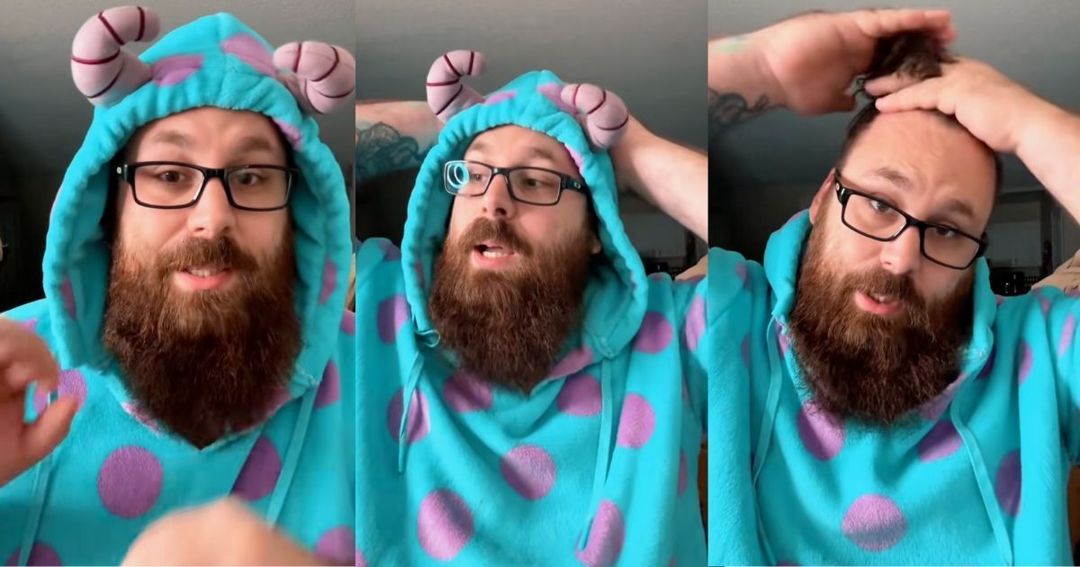 Man in a hoodie styled as Sulley from Monster's Inc.