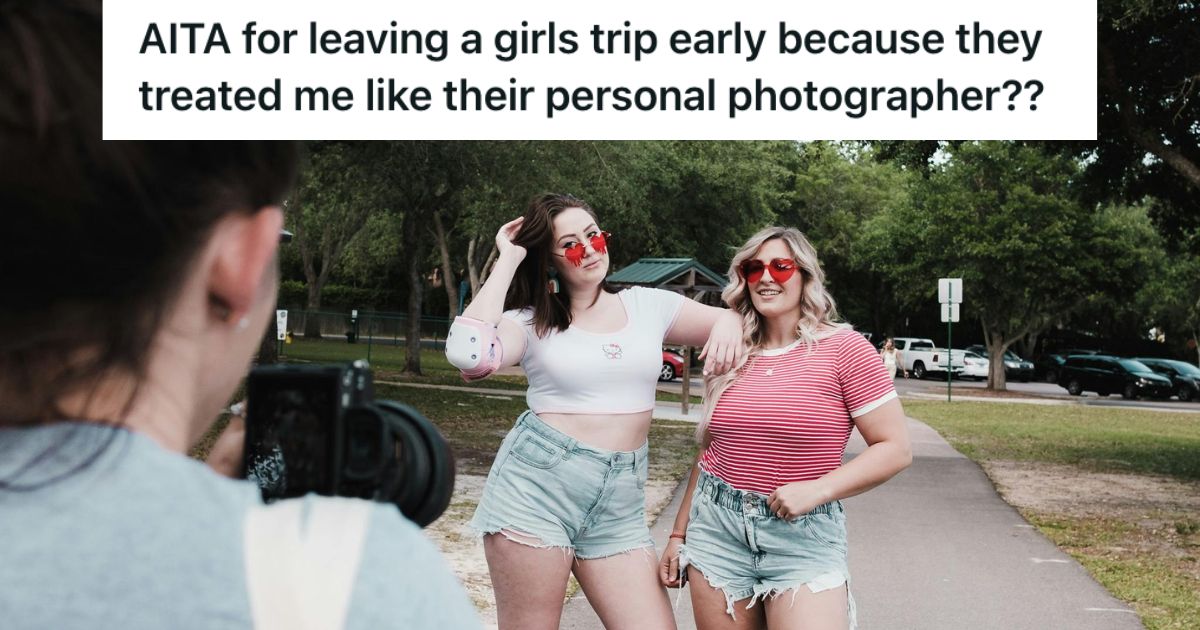 Two fashionable girls posing as another woman takes their photo