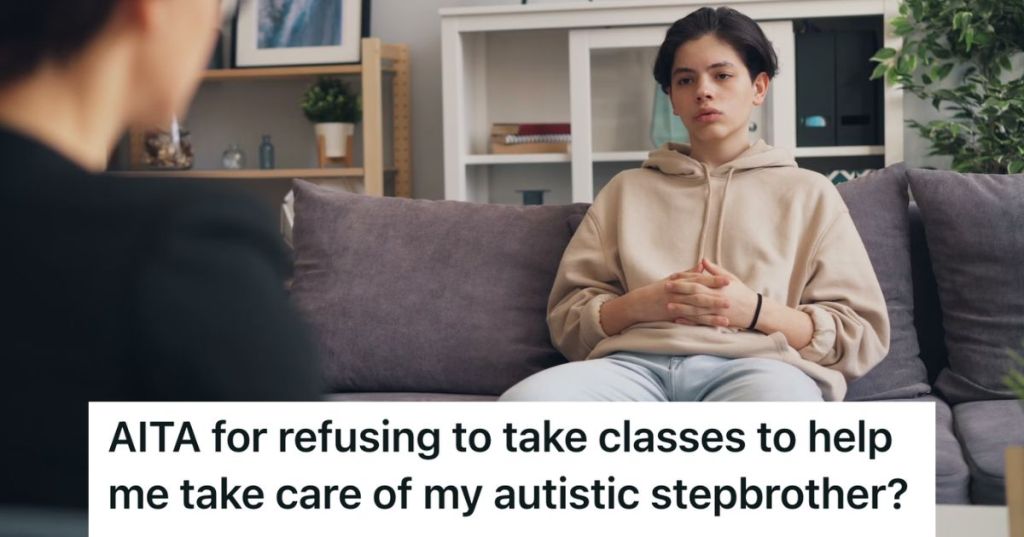 Teen boy sitting on the couch listening to a woman sitting in front of him