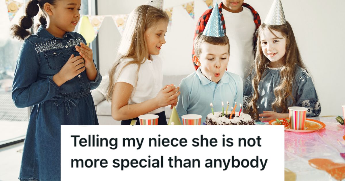 Her Niece Tried To Ruin A Little Boys Birthday Cake So She Scolded Her, But Now The Girls Mom Is Mad Children gathered around a birthday cake as the celebrant blows the candle