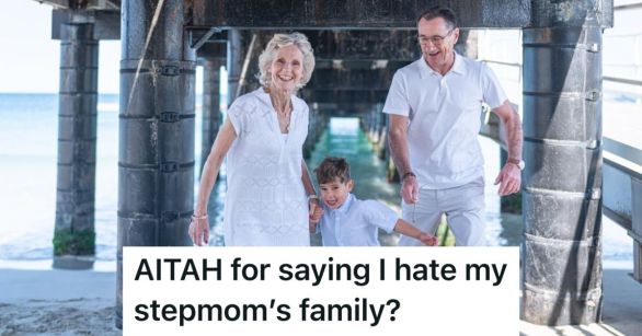 Grandparents walking happily on the beach with grandson