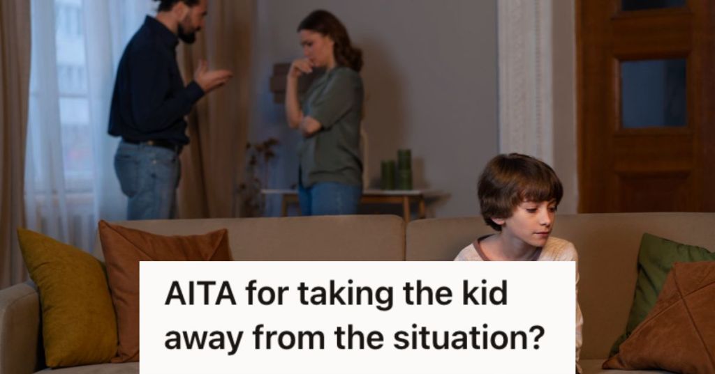 Boy sitting down quietly while his parents argue at the back