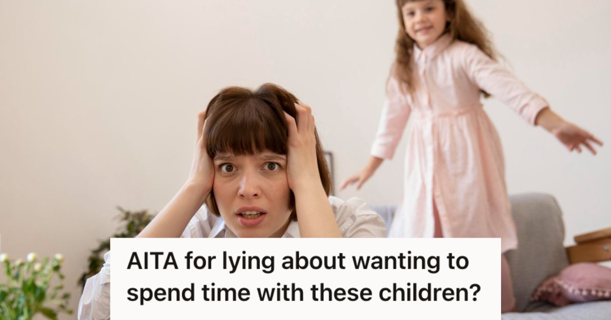 Babysitter looking scared and frustrated as the young girl at the back plays