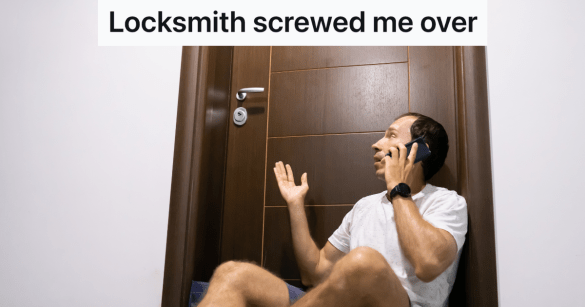 man sitting on the floor outside his locked apartment door while talking on the phone