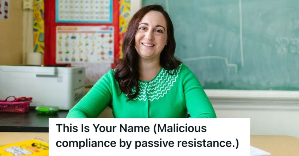 Teacher smiling in front of the class
