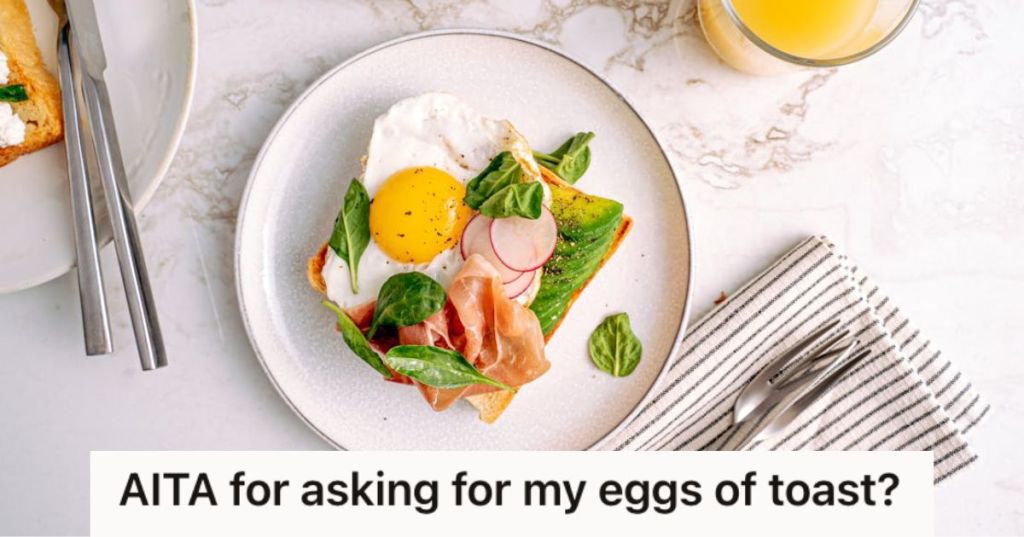 A delicious toast with eggs, ham, and leaves set on a plate