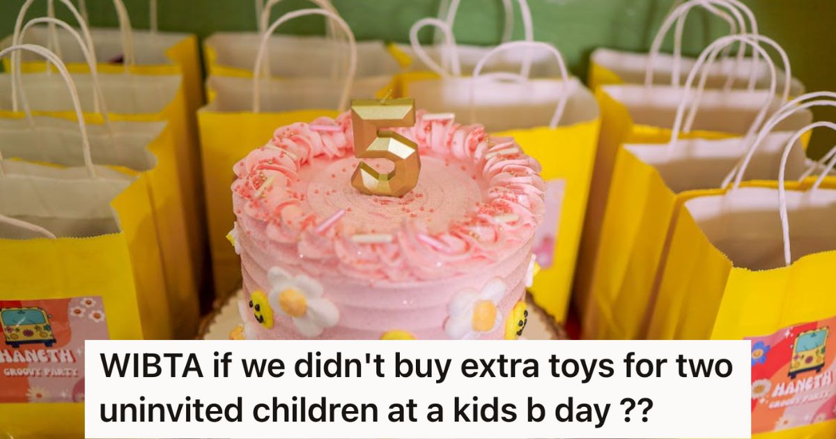 Parent RSVPd A Few Days Before A Birthday Party And Added Two More Kids, So The Birthday Kids Older Brother Thinks The Extra Kids Shouldnt Get A Loot Bag Pink birthday cake surrounded by yellow loot bags