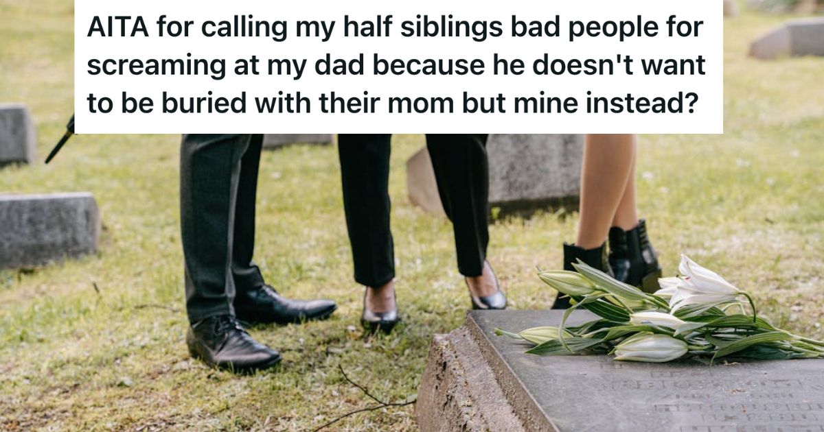 Three people standing near a grave with flowers