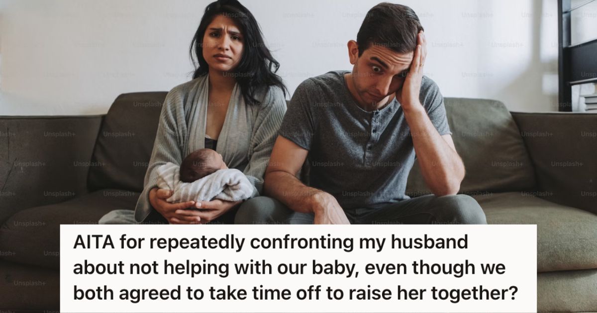 Stressed mom carrying a newborn next to dad sitting on a couch