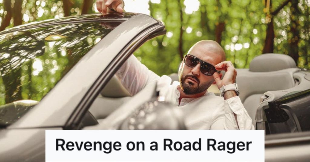 Bald guy with sunglasses driving a convertible car