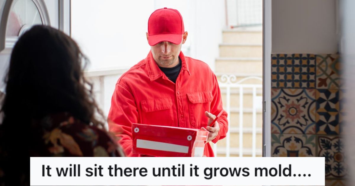 Two Of Her Neighbors Wouldnt Collect Their Packages, So She Decided To Leave Them On A Dusty Shelf Woman receiving a parcel from delivery man