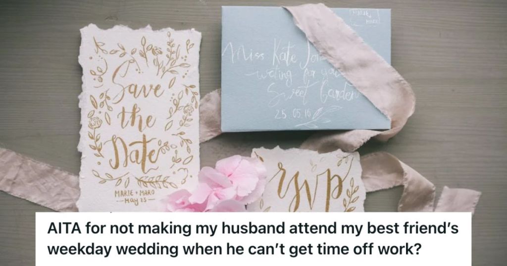 Wedding invitation, save the date card, envelope and decors laid out on the table