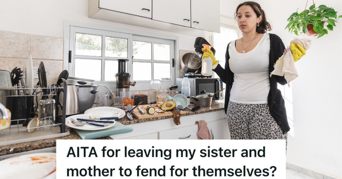 unhappy woman standing in messy kitchen