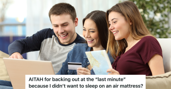 three happy friends making travel plans