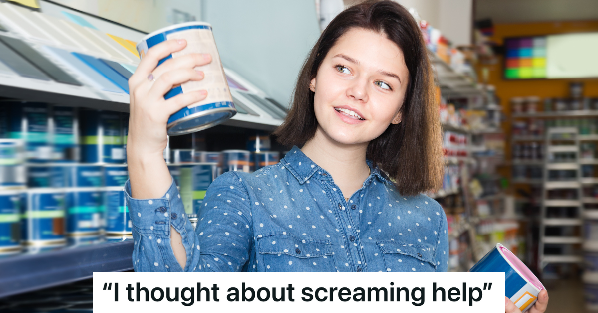 Customer Was Screaming For Help In The Paint Aisle, And When She Least Expected it, Another Shopper Made A Comment That Sent Her Running woman holding cans of paint