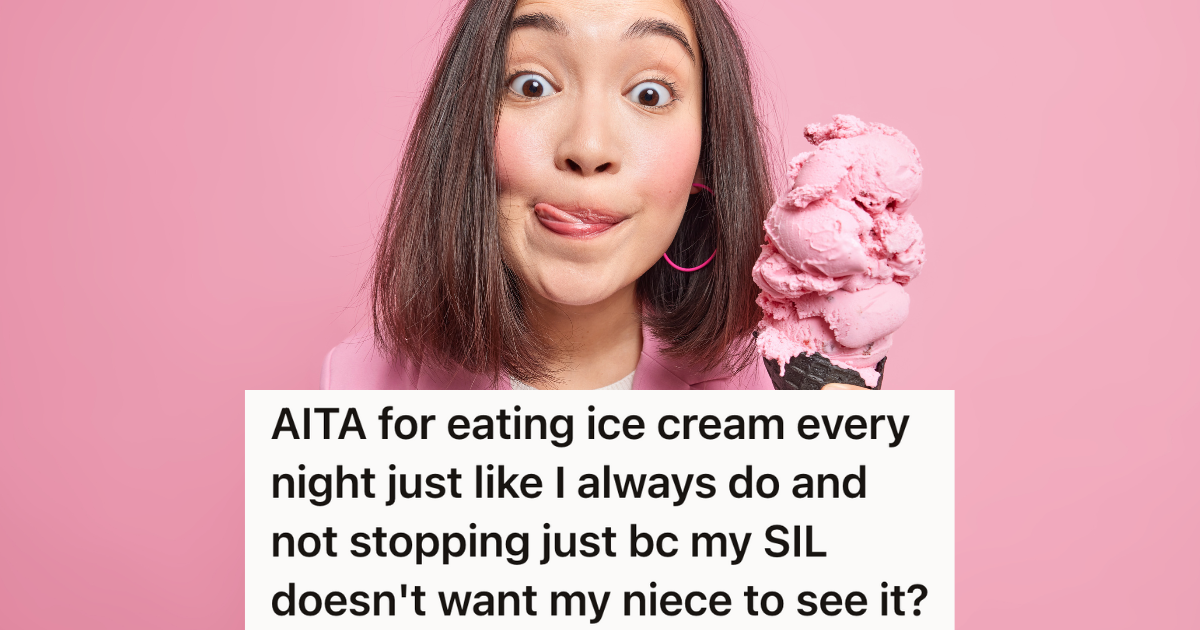 Her Niece Is Told She Cant Eat Ice Cream Very Often, But When Theyre Staying At Her House, The Aunt Doesnt Want To Stop Eating It woman licking her lips while holding a big ice-cream cone