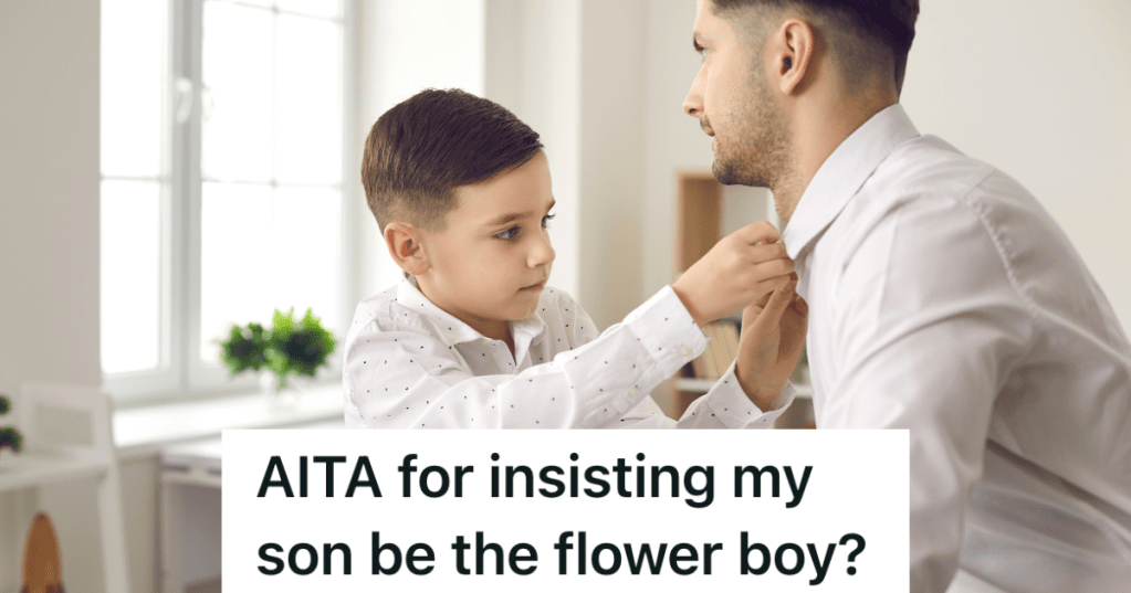 little boy helping his dad get ready for his wedding