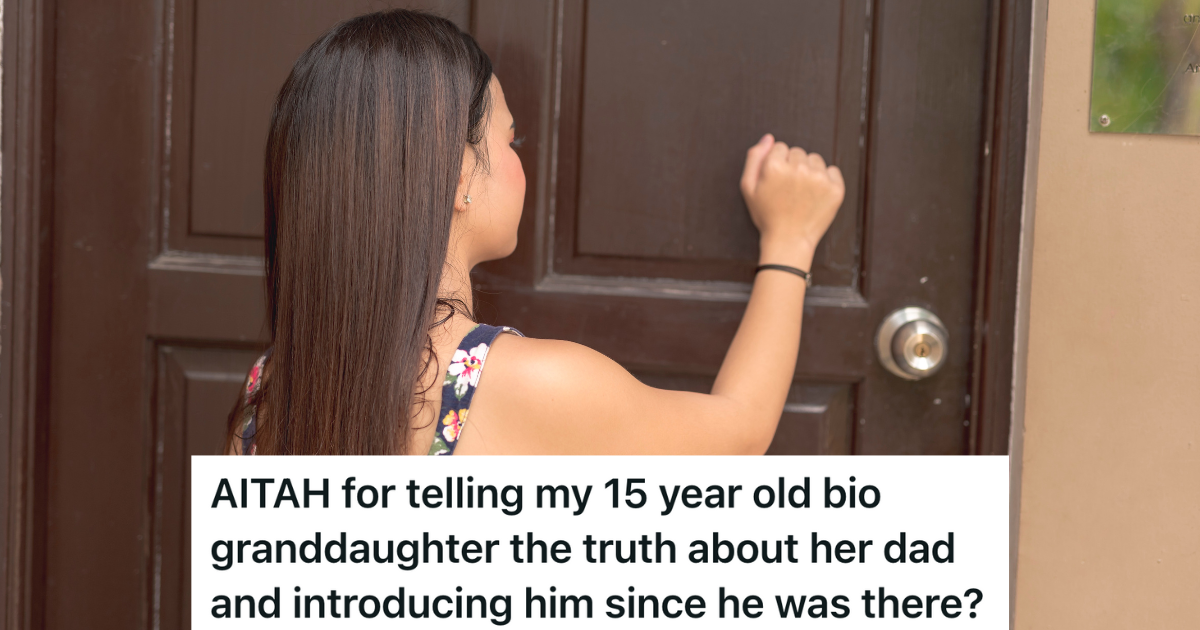 teenage girl knocking on a wooden door