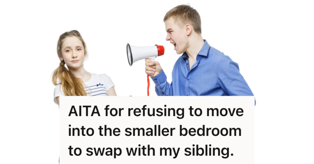 teen girl crossing her arms while her brother shouts at her with a megaphone