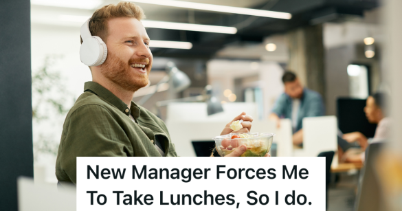 man wearing headphones and eating a salad at work
