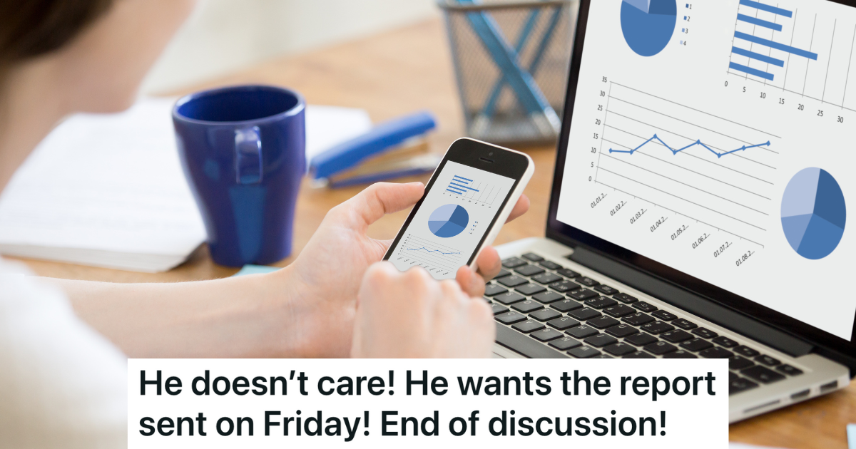 office worker with a report on her computer screen and phone