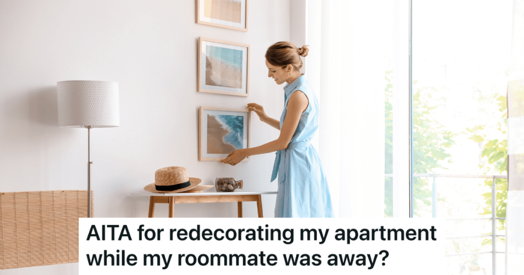 woman in blue dress hanging a picture on the wall of a bright and sunny room