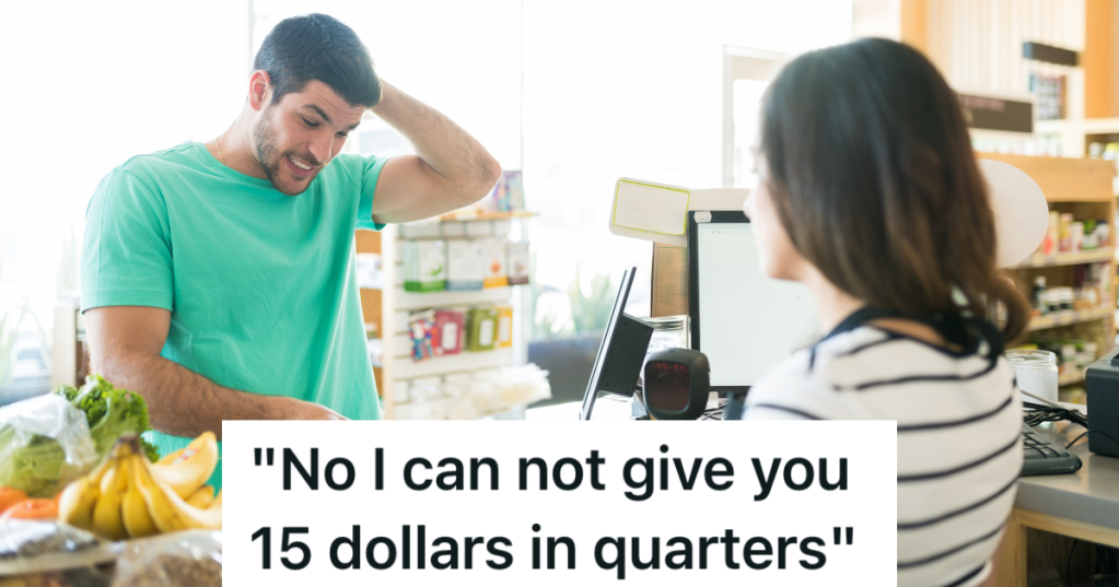 female cashier helping male customer