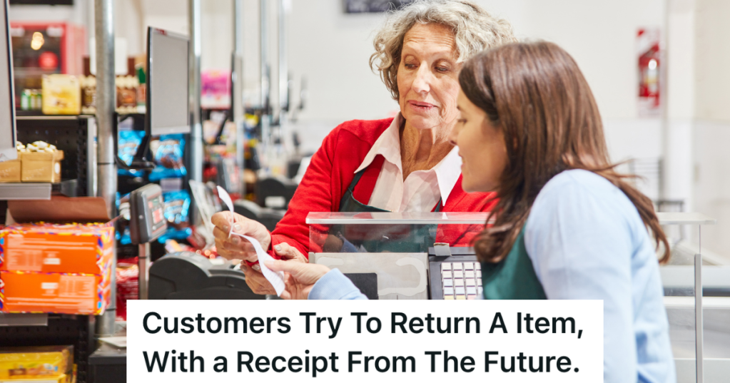 two women at a cash register looking at a receipt