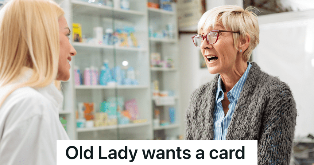 angry old lady talking to younger employee