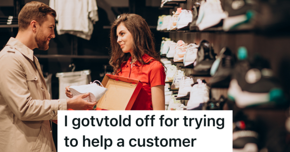 female employee helping a male customer shop for shoes