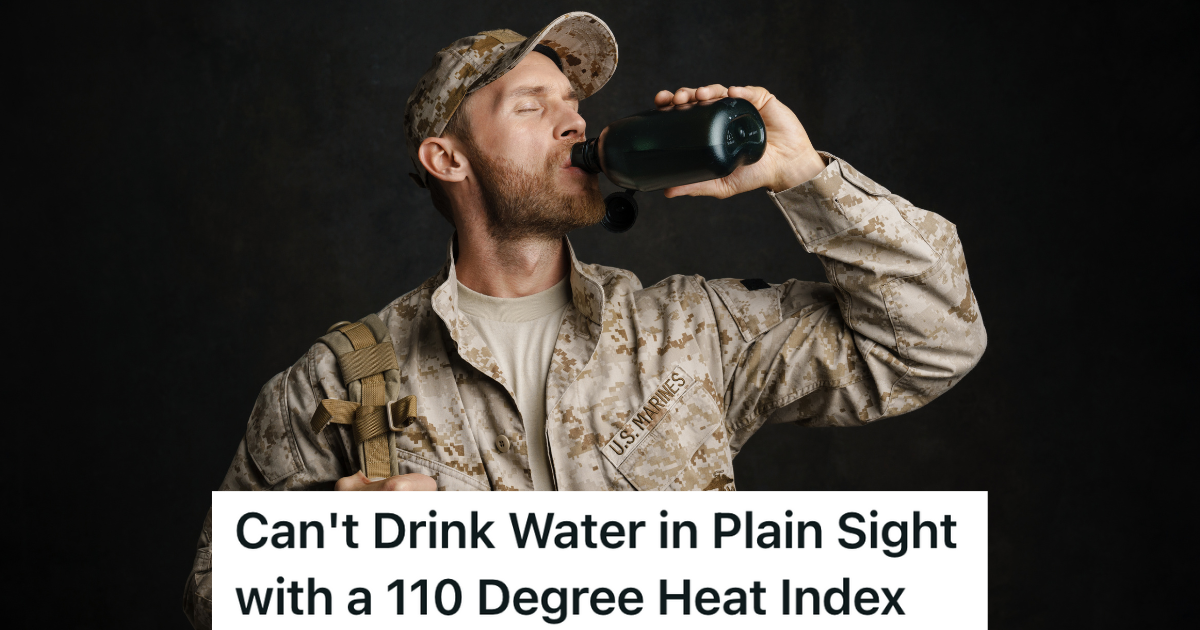 Soldier Is Told Not To Drink Water In Plain Sight When Checking IDs At The Gate, So He Takes The IDs With Him To Drink Water Out Of Sight man in military uniform drinking out of a water bottle