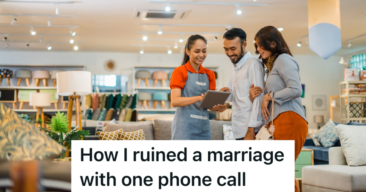 female employee assisting a couple in a furniture store
