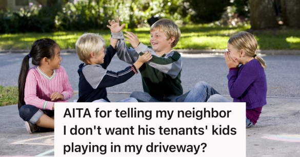 four kids sitting in a driveway playing