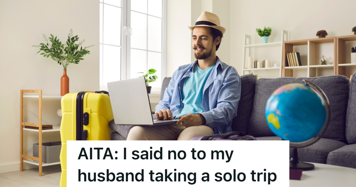 man in hat holding a laptop with globe and suitcase next to him