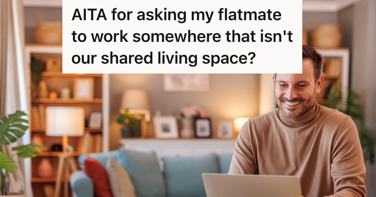 Roommate Started Working From Home And Has Taken Over The Living Room, But The Other Roomie Is Not Okay With This Arrangement man smiling at laptop at desk in living room