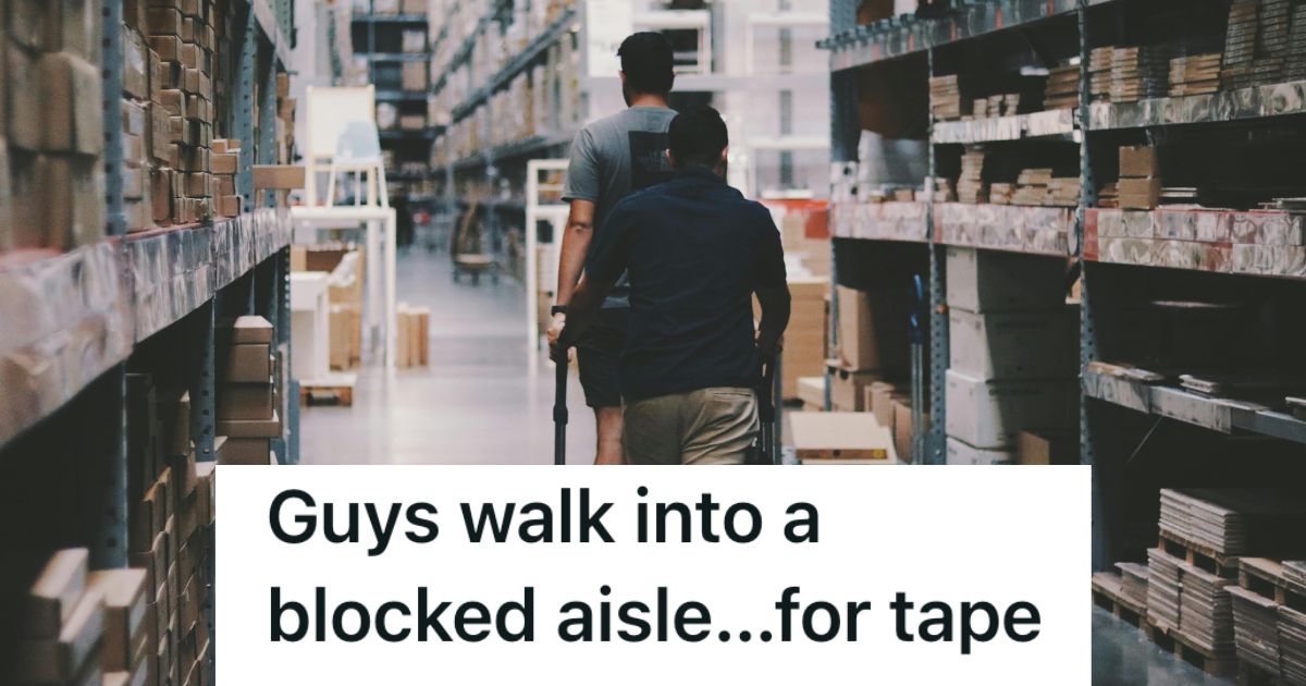 Men walking down hardware store aisle