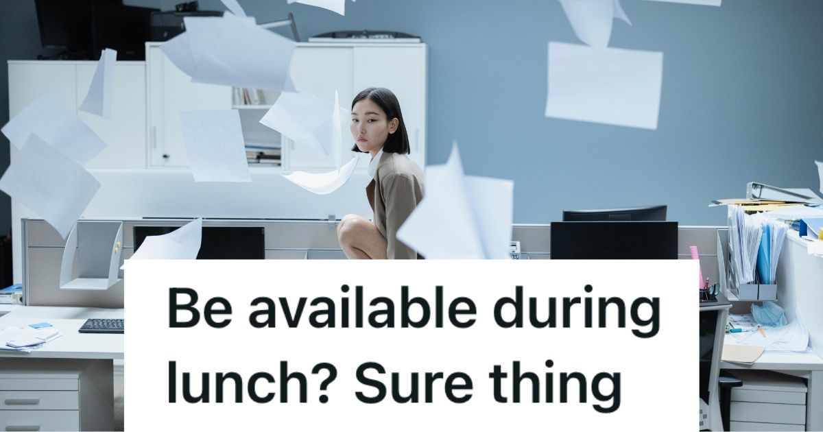 Woman standing on desk with papers flying around her